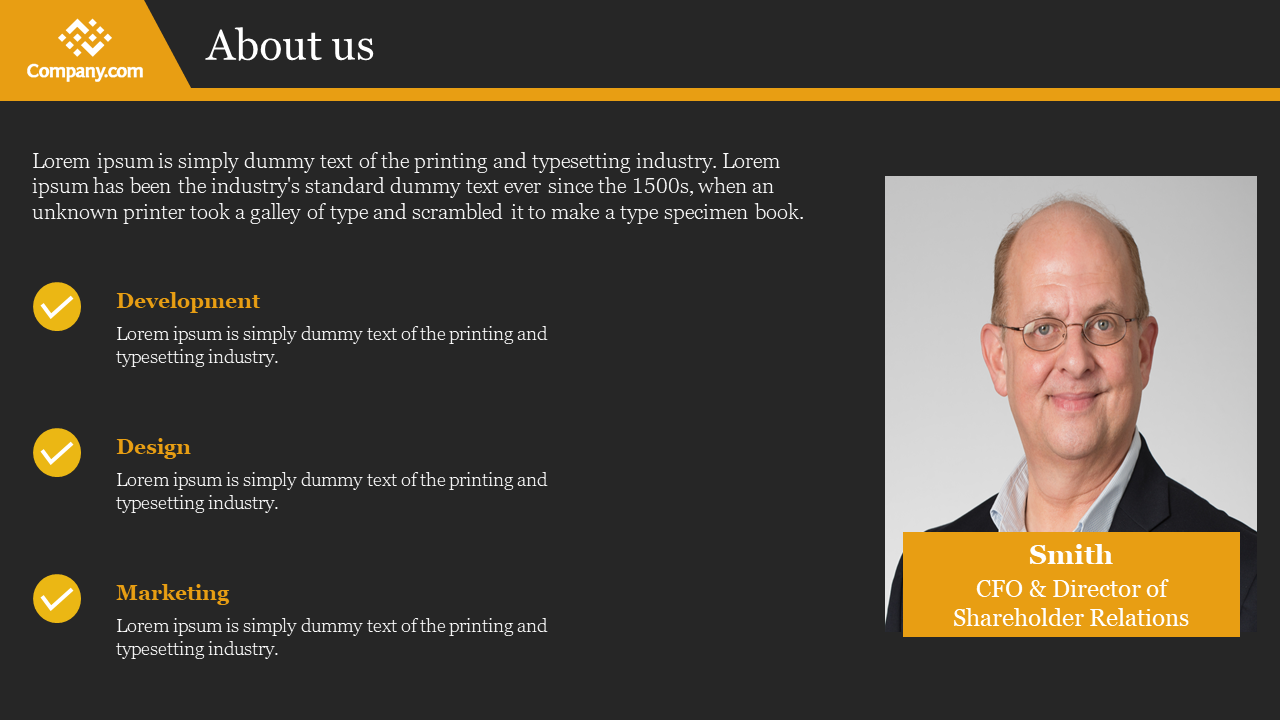 Dark layout with a right aligned photo, yellow checkmark icons on the left, and a gold name box at the bottom.