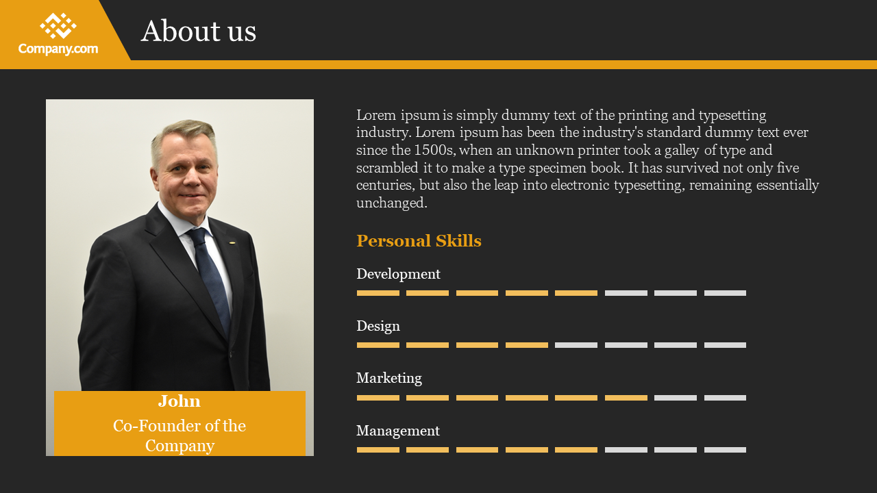 Professional layout with a photo on the left, and yellow skill bars on the right, all set against a dark background.