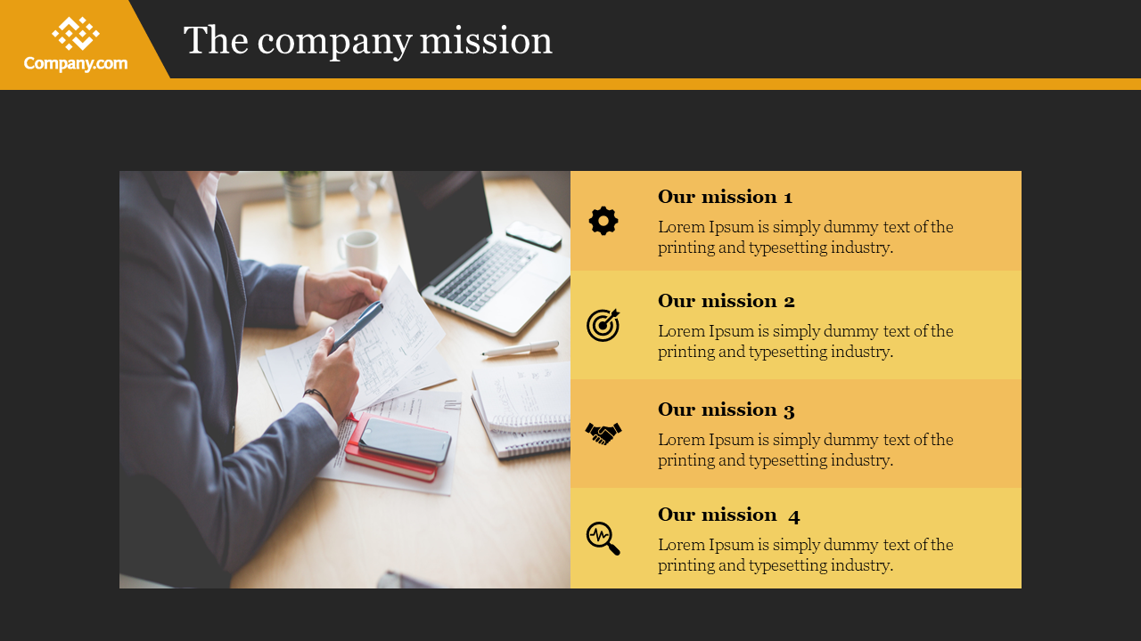 Slide featuring four yellow mission blocks, with an icon, set against a background of a person working at a desk.