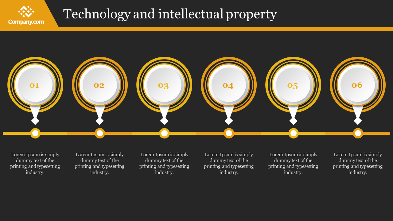 Six numbered icons connected by a line, with a yellow and white circular design, representing stages in technology.