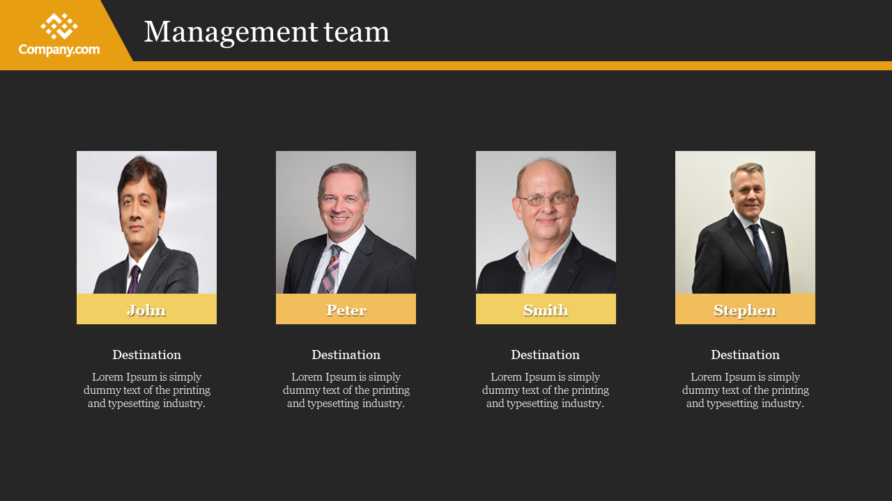 Slide displaying four team member photos with yellow labels, each paired with a text under their names, on a dark backdrop.