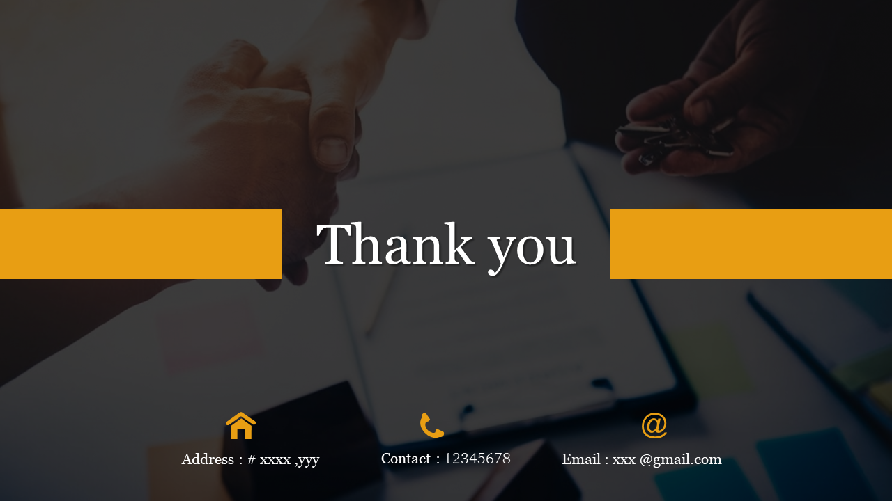 Thank you slide with a handshake image, featuring orange horizontal bars, and contact information icons at the bottom.