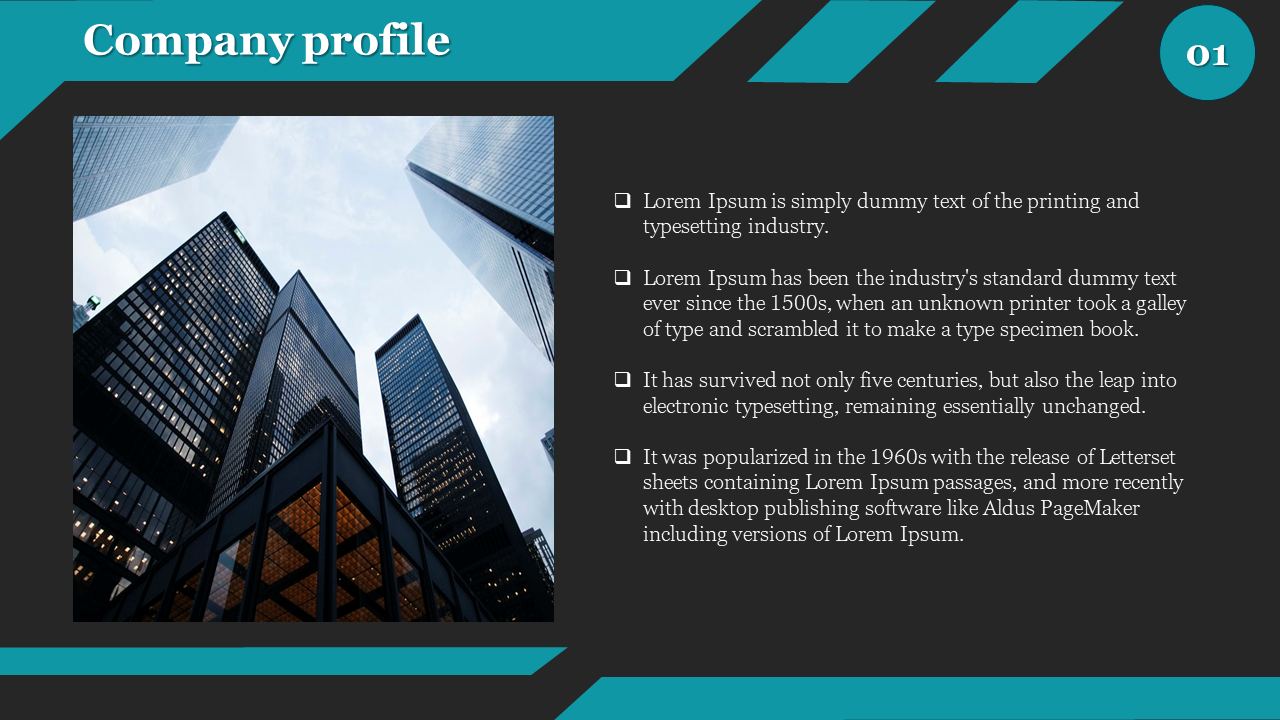 Company profile slide featuring a city skyline background, with teal accents, and bullet points on a dark background.