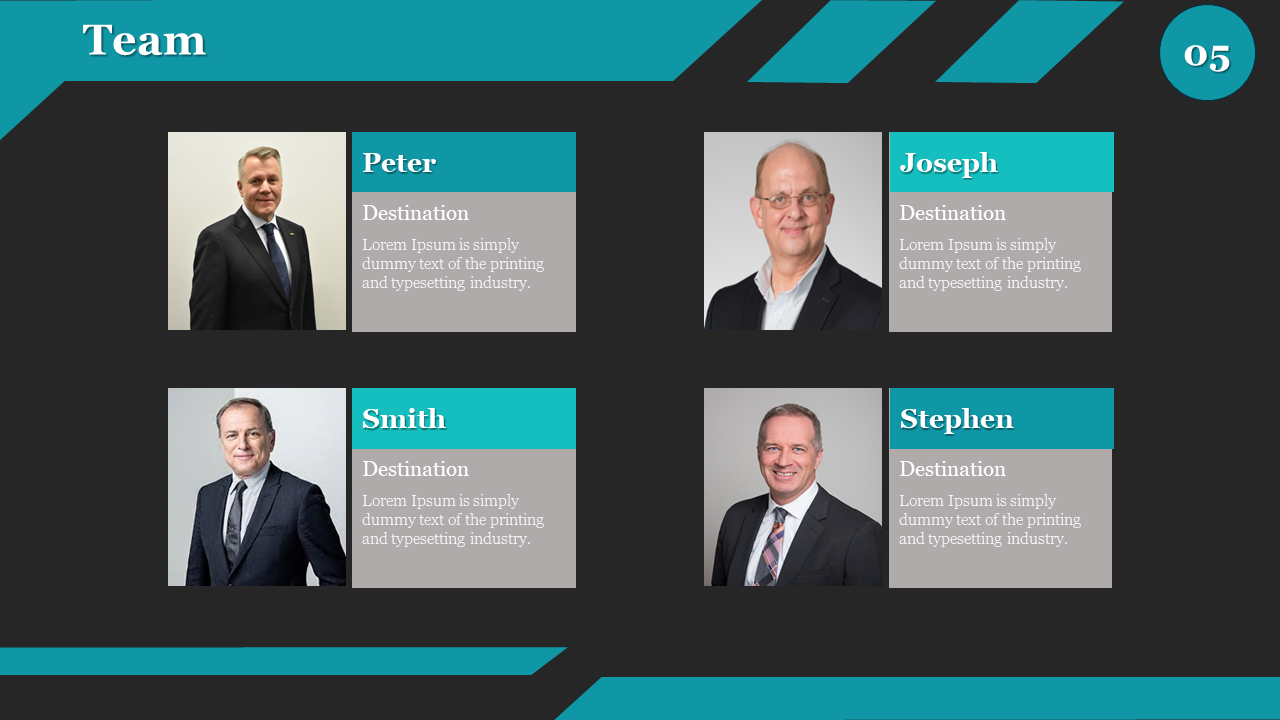Team introduction slide featuring four portraits, with teal accents, on a dark background in a grid layout.