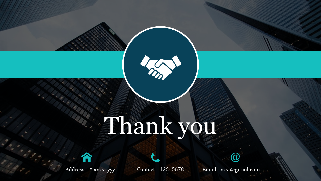 Thank you slide with a handshake icon and contact details at the bottom, against a dark cityscape with teal accents.