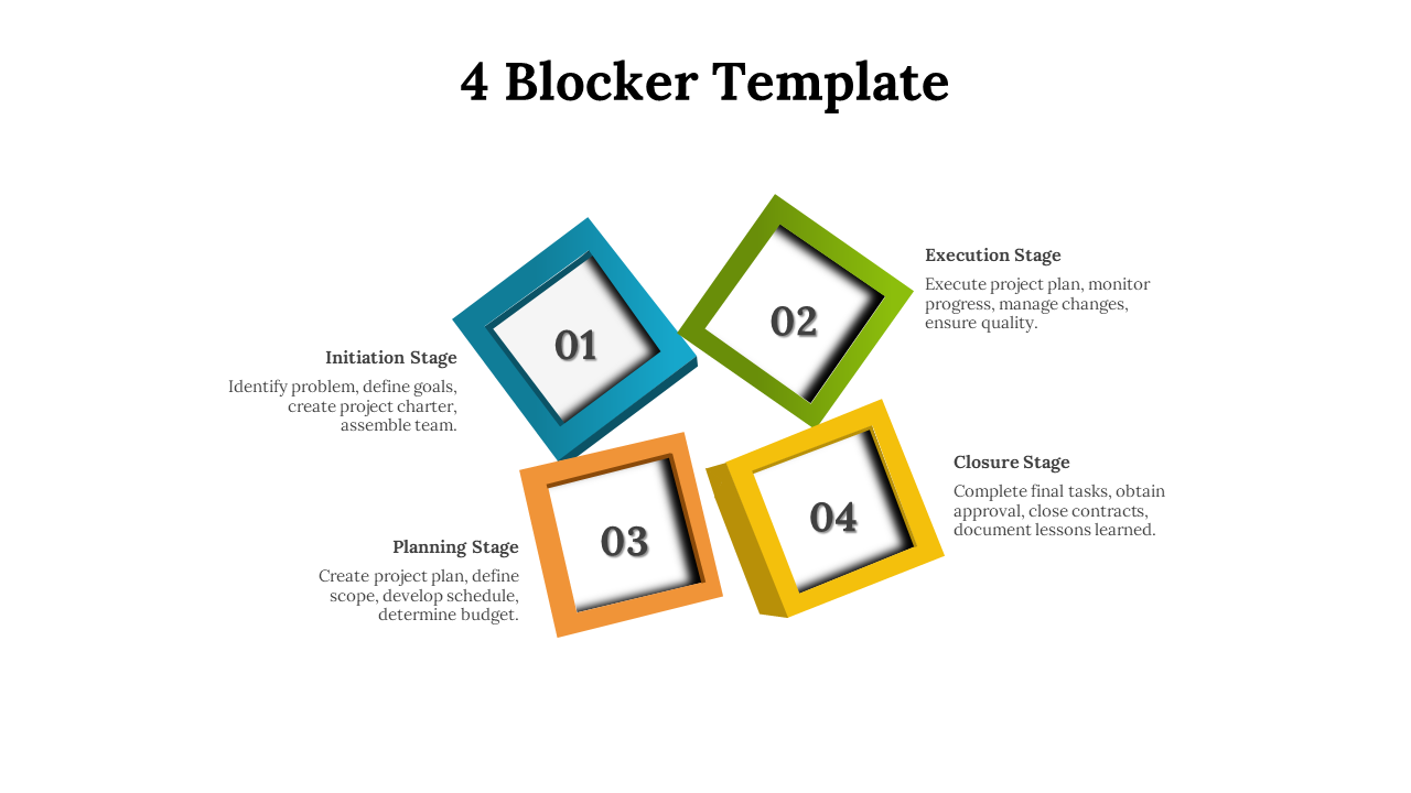 Template with tilted 3D square frames in blue, green, orange, and yellow, numbered 01 to 04, with descriptions.