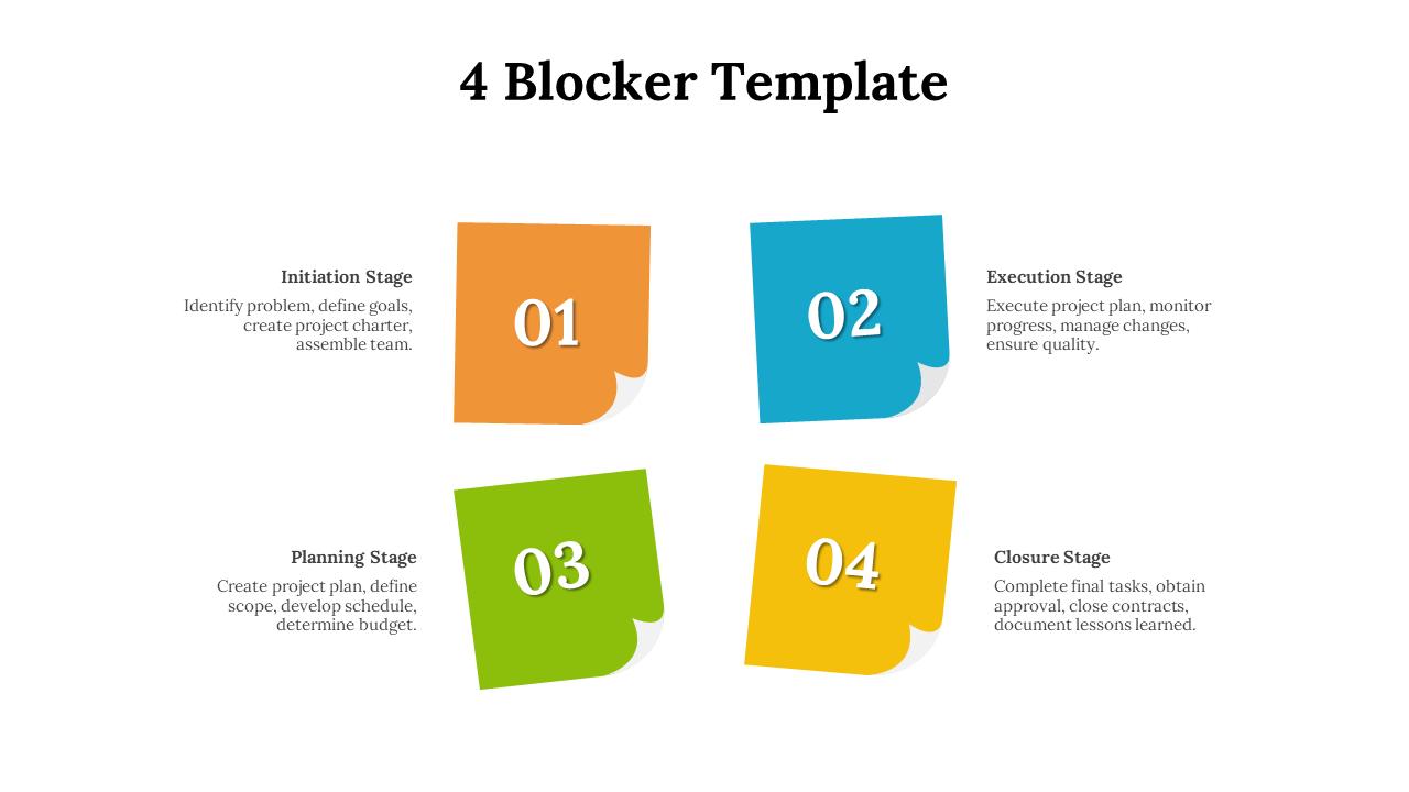 Template with curled paper like squares in orange, blue, green, and yellow, numbered 01 to 04, with side descriptions.