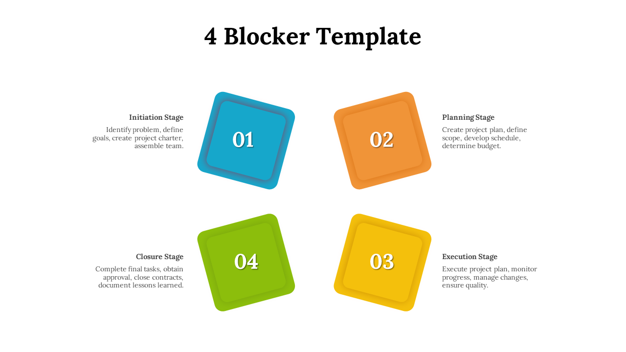 Colorful template with tilted squares in blue, orange, yellow, and green, symmetrically placed in a cross shape.