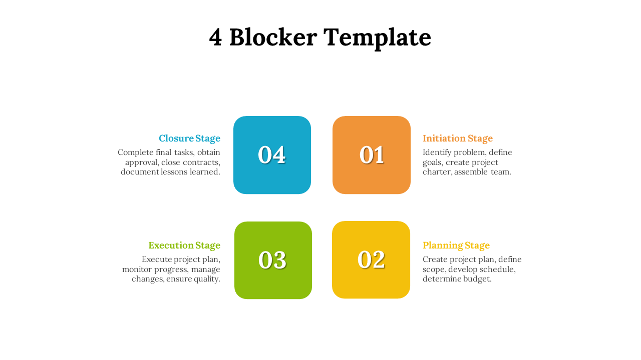 Template with four square blocks in orange, yellow, green, and blue, representing project management stages.