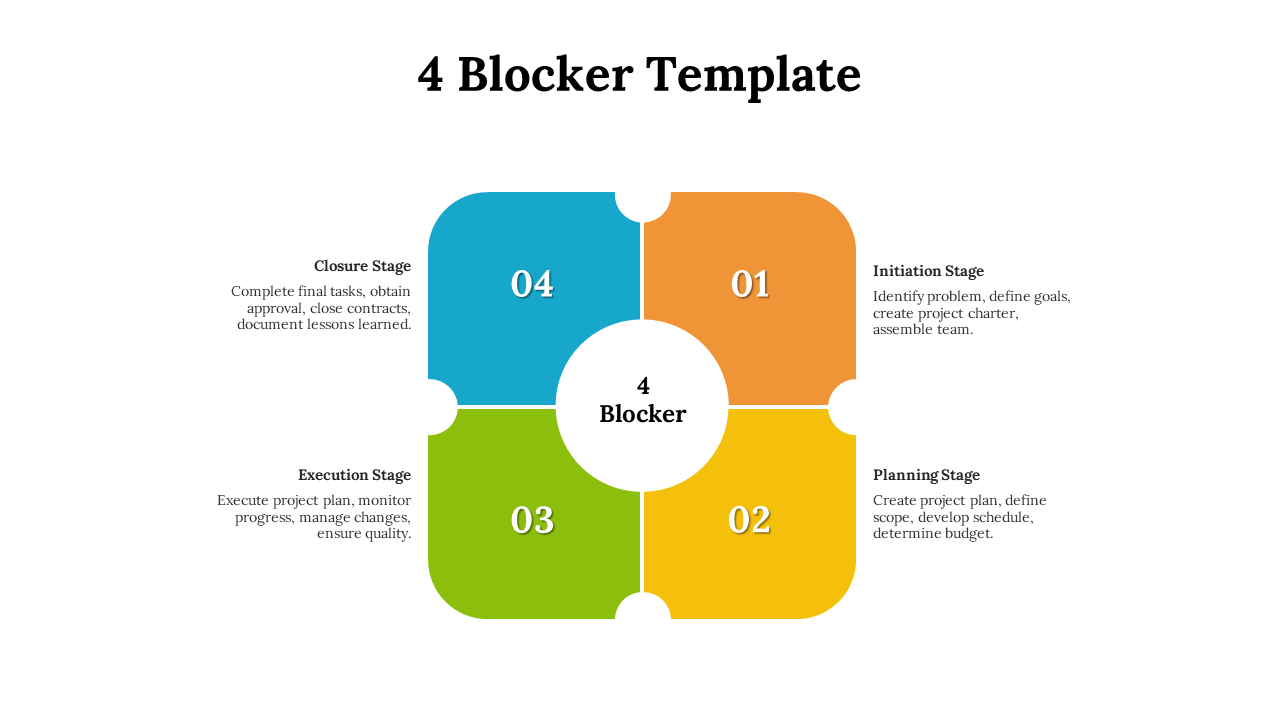 Template with rounded puzzle piece blocks in orange, yellow, green, and blue, connected at the center with a circle.