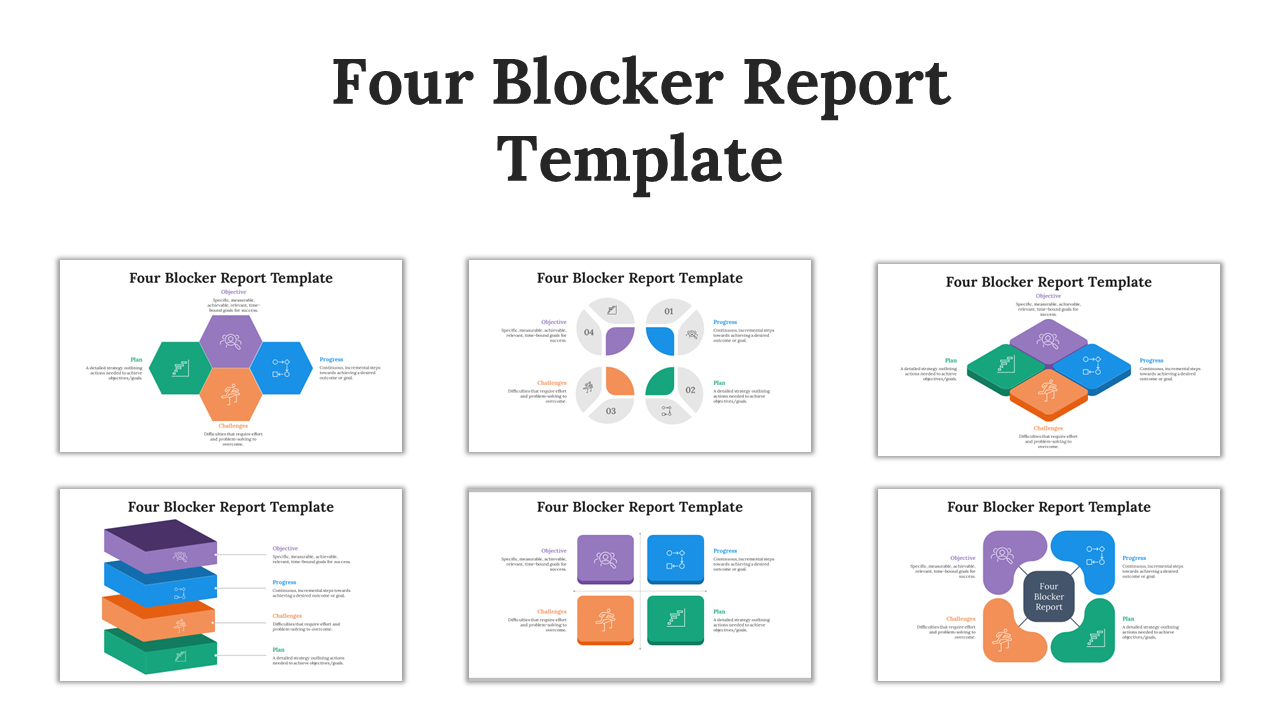 Collection of six colorful infographic templates for four blocker reports in various geometric styles on a white background.