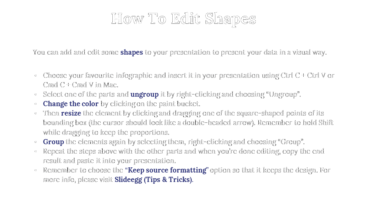 Tutorial on editing shapes, explaining how to customize infographics using ungroup, resize, color, and group options.