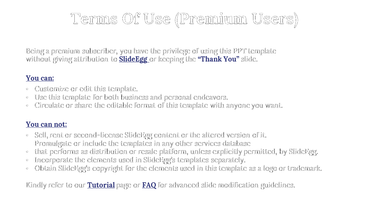Terms of use for SlideEgg premium users, with sections outlining allowed and prohibited actions using the template.