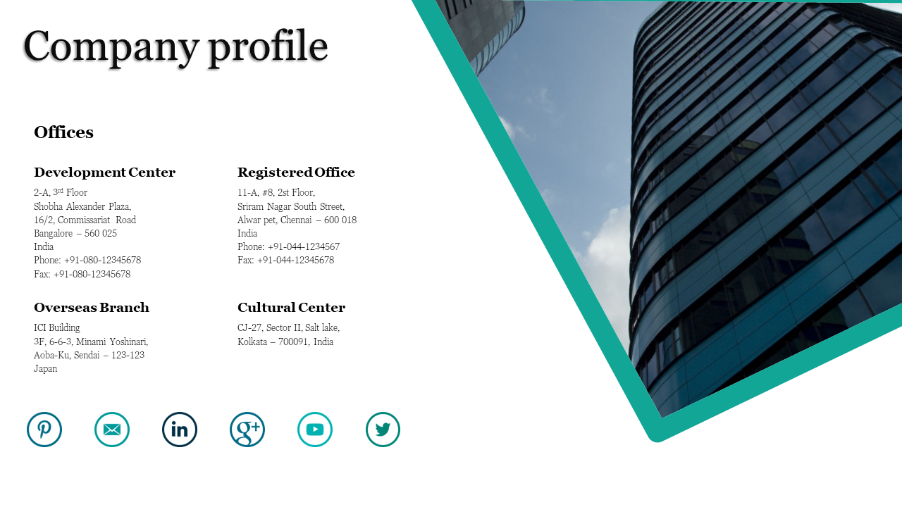 Split layout with teal diagonal divider shows office details, and right features a glass skyscraper against a blue sky.