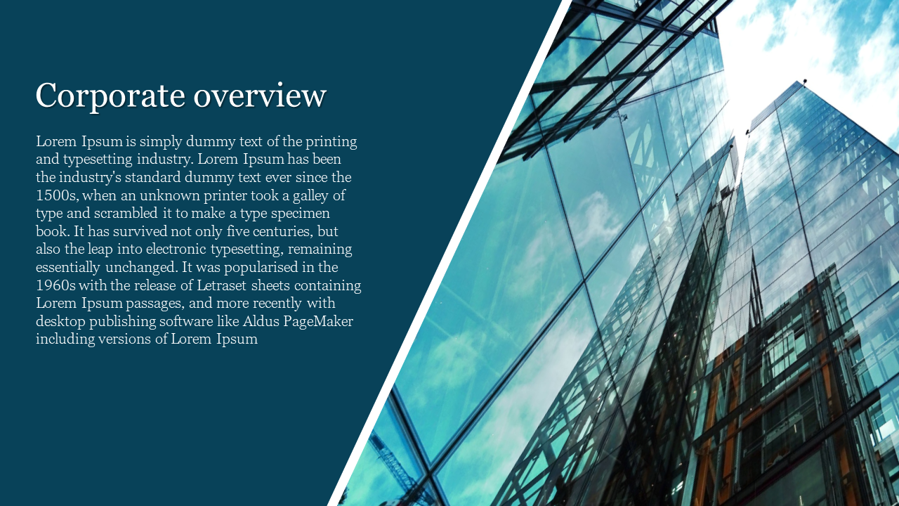 Diagonal split layout with teal left panel for text and a right side high rise glass building photo reflecting the sky.
