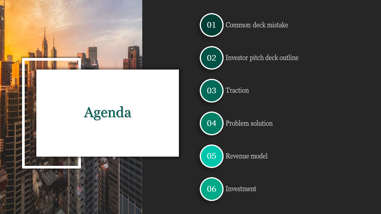 Agenda slide with city background, featuring white content box, and vertical list of six green numbered topics on right.