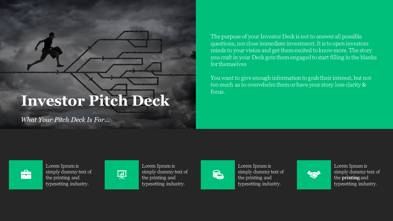Split layout with a man running into a maze, and green background with white text and four captions with icons below.