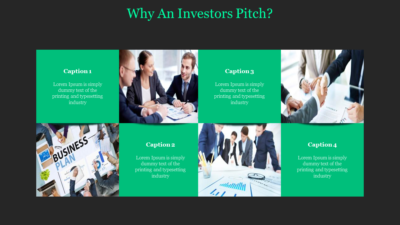 Grid layout with alternating green text blocks and business team images, arranged in two rows on a dark background.