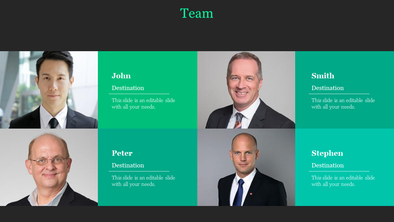 Team slide with four professional headshots, each paired with a name in a green text block, on a dark background.