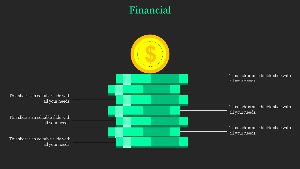 Stack of green money blocks with yellow coin on top, surrounded by financial text lines, on a dark background.