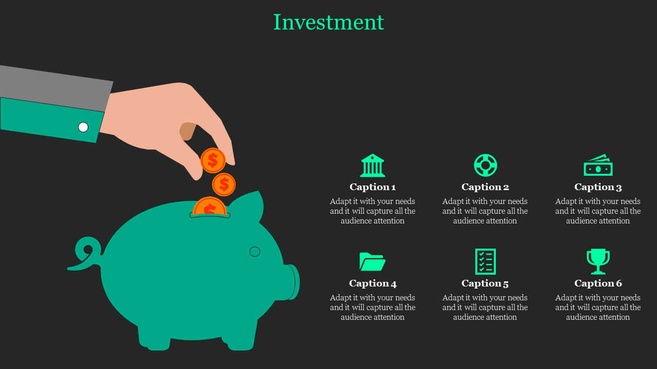 Hand dropping coins into a green piggy bank on left and six icons with captions about investment, on a dark background.
