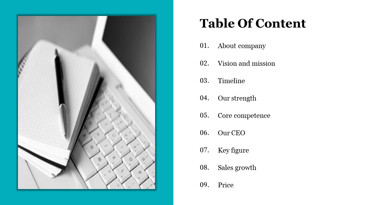Split layout with teal left panel featuring a grayscale photo of notebook on keyboard and nine numbered content list.