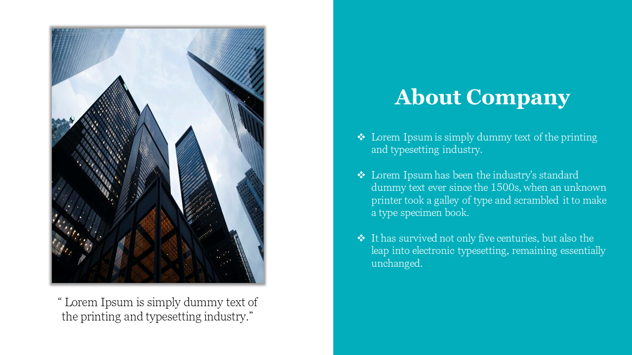 Split layout with teal right panel featuring bullet points in white text and left aligned skyscraper photo.