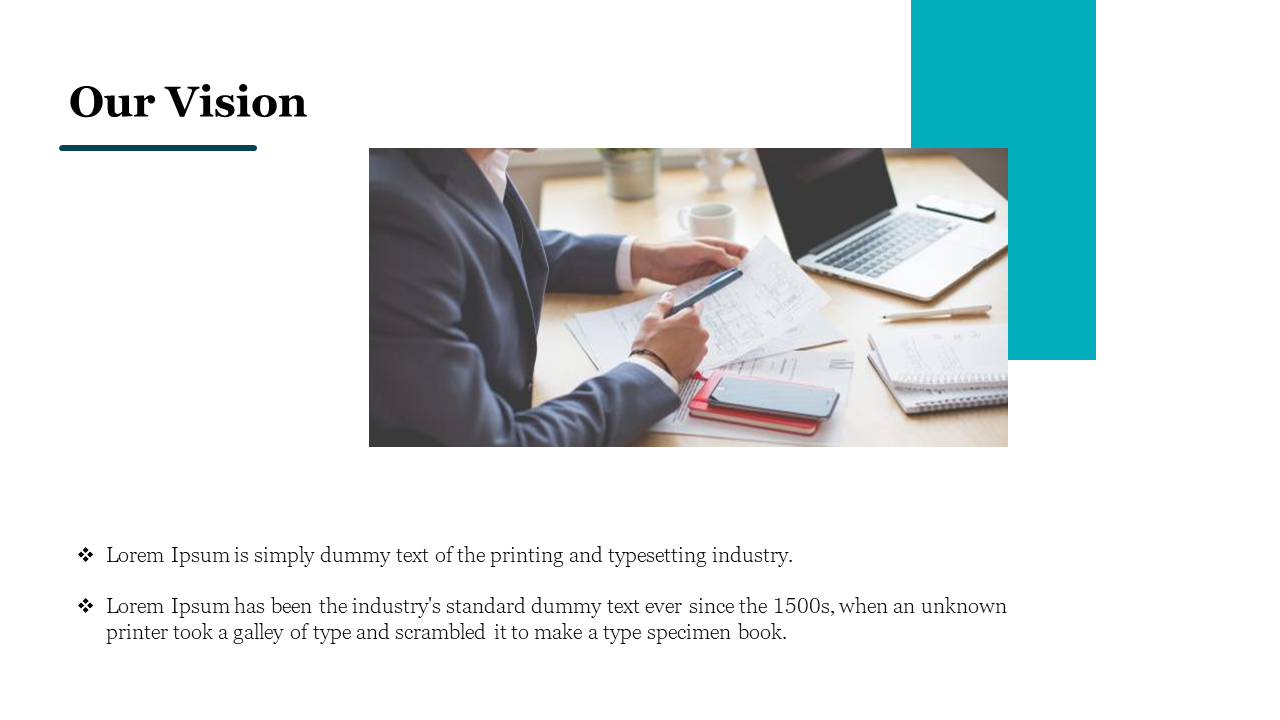Business layout with title on the left, and a person reviewing documents beside a laptop on a wooden desk, with teal block.