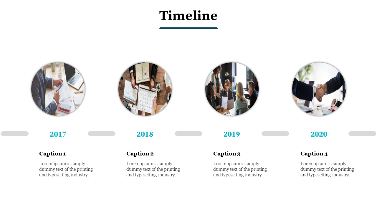 Horizontal timeline with four circular images above teal year markers and captions below, on a white background.