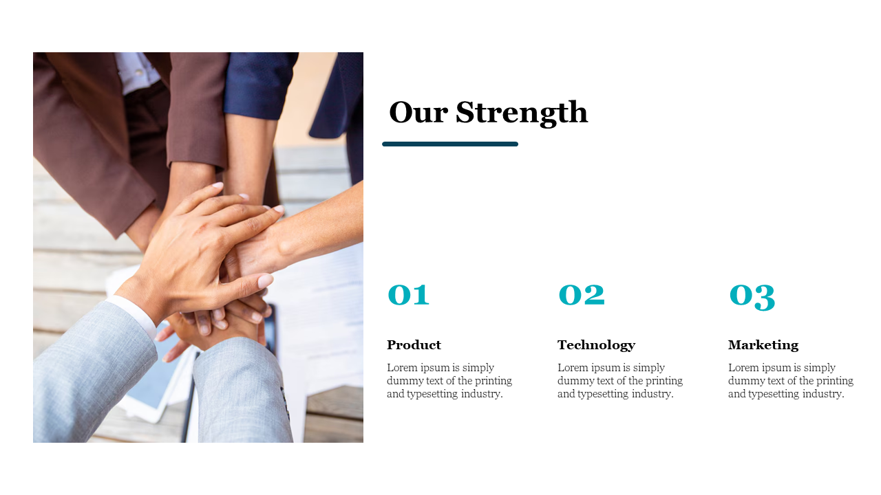 Split layout with hands stacked on the left and three numbered strengths in blue on a white background to the right.