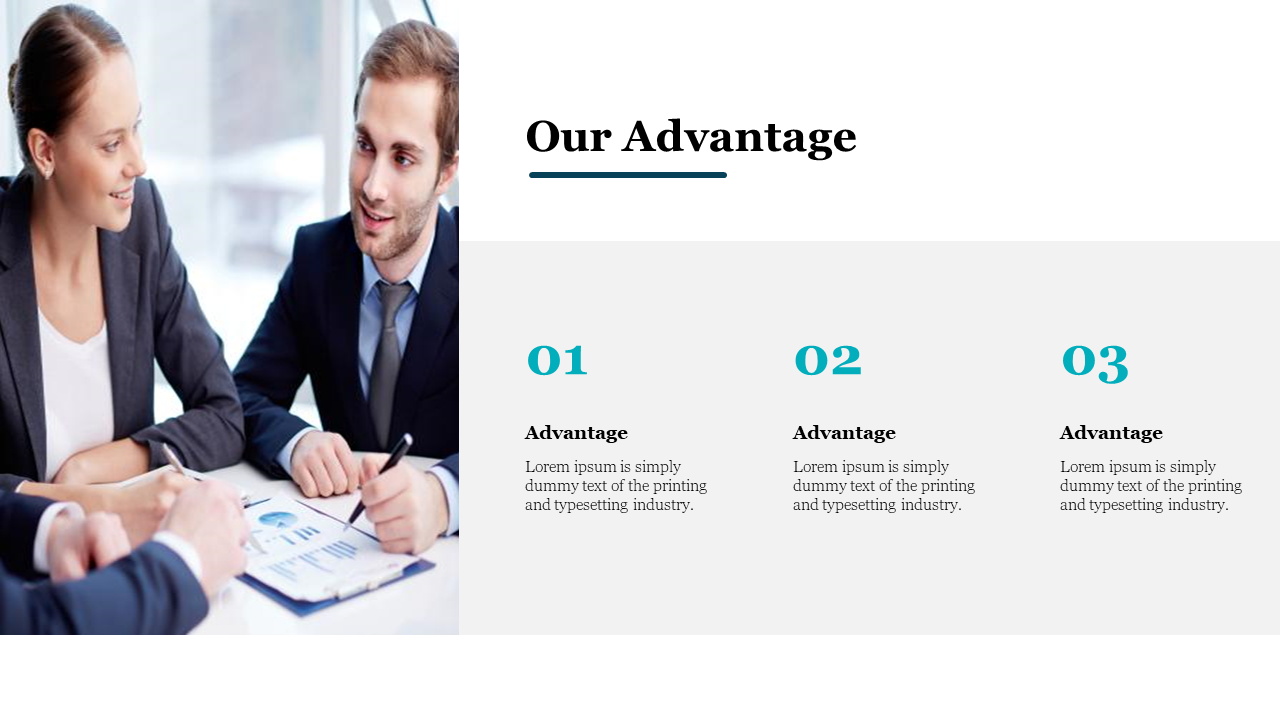 Split layout with a business meeting photo and three numbered teal advantage sections on a gray panel to the right.