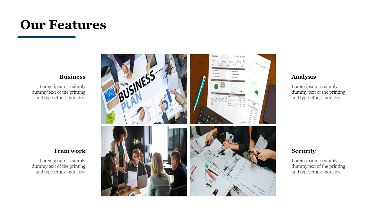 Grid layout of four business themed images with text labels on a white background and a teal underline accent.
