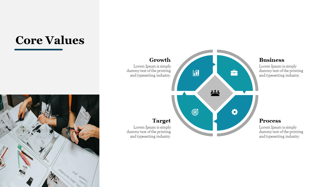 Circular infographic split into four teal segments and icons, surrounded by text, and people analyzing documents image.