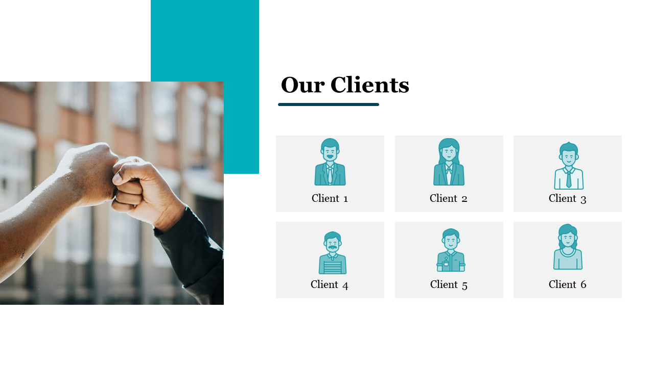Split layout with a photo of fist bump on left and six teal client icons in rows over light gray cards on white background.