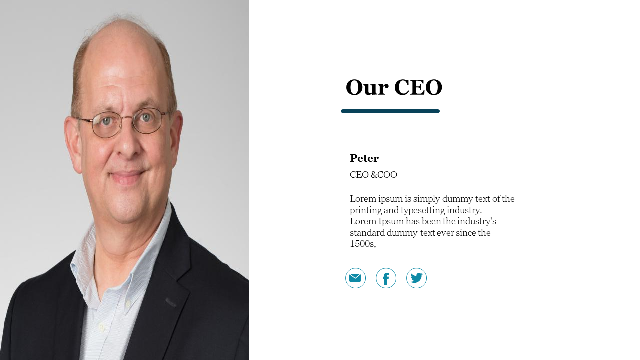 Clean two column layout with headshot on gray background and bio section with teal social icons on a white background.