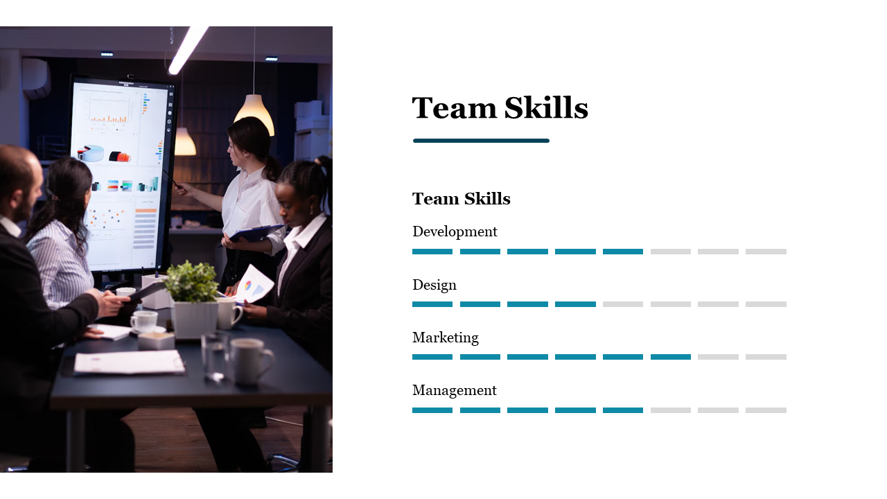 Split layout with a photo of a meeting on left and blue progress bars for team skills, on a white background.