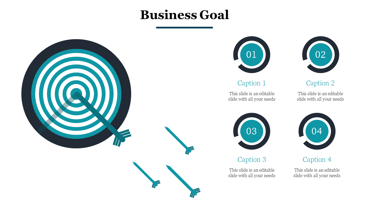 Goal slide with target and arrows on left, and four numbered teal circular progress icons with captions, on the right.