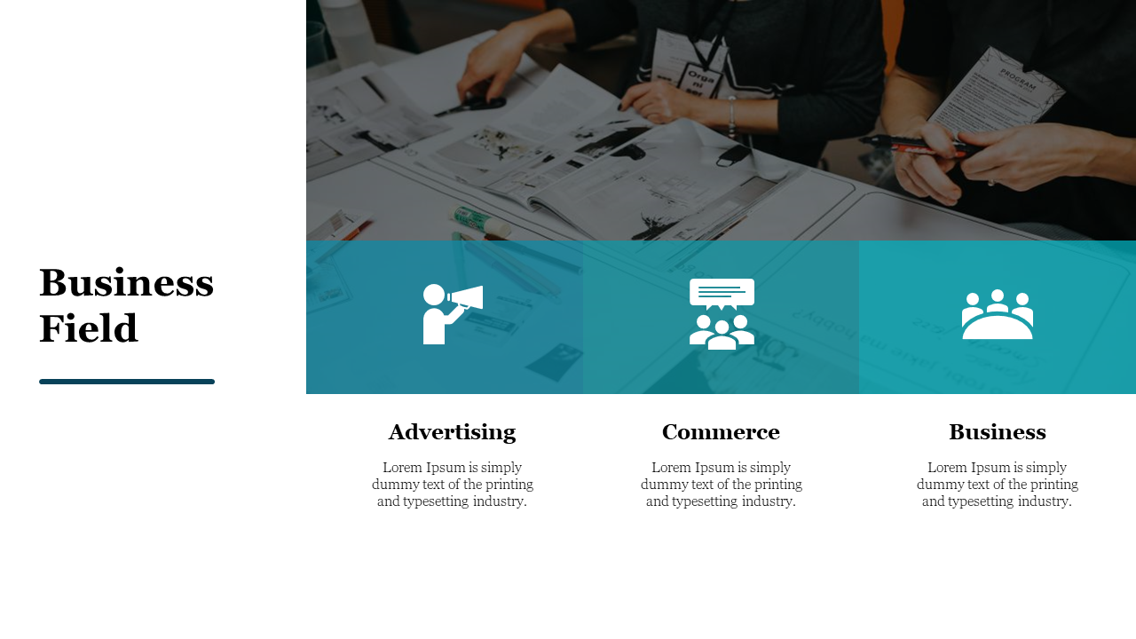 Three column layout with teal overlay icons featuring people working image on the background, and title on the left.
