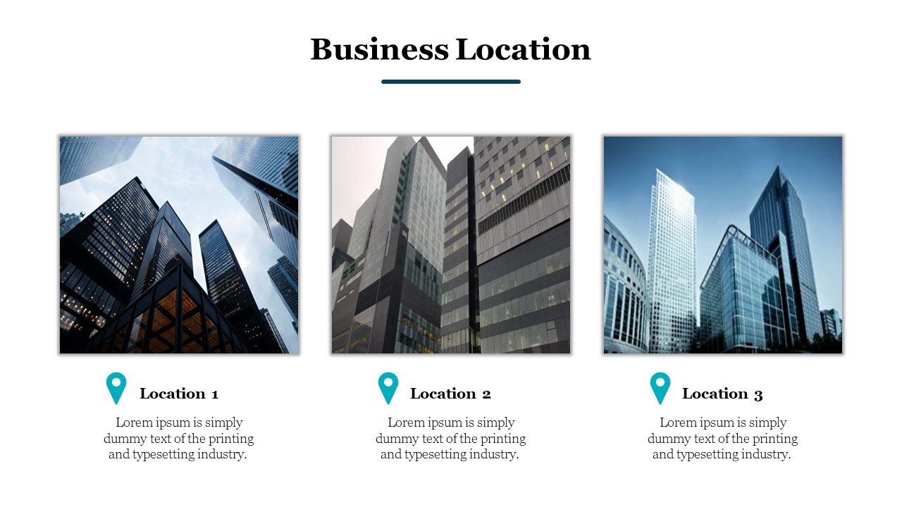 Three column layout with high rise building photos, teal location icons, and captions below.