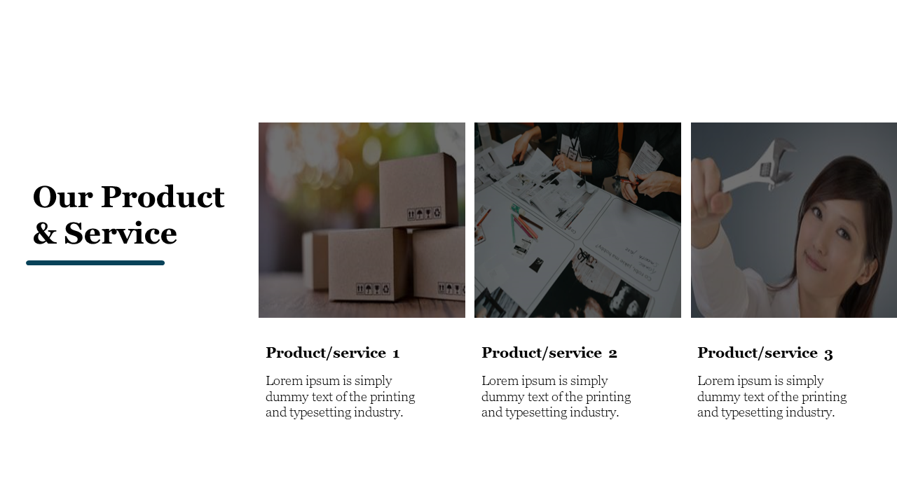 Three column layout with product photos and descriptions, title on left with an underline on a white background.