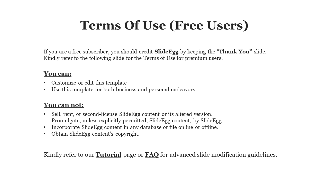 White slide background, bold black title centered at top, two bulleted sections with free users terms in serif text.