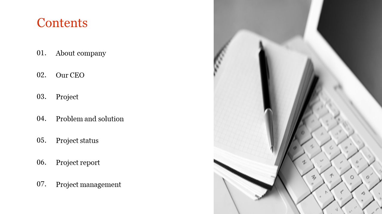 Slide with seven numbered text list on left and grayscale photo of notebook, pen, over a keyboard on the right.