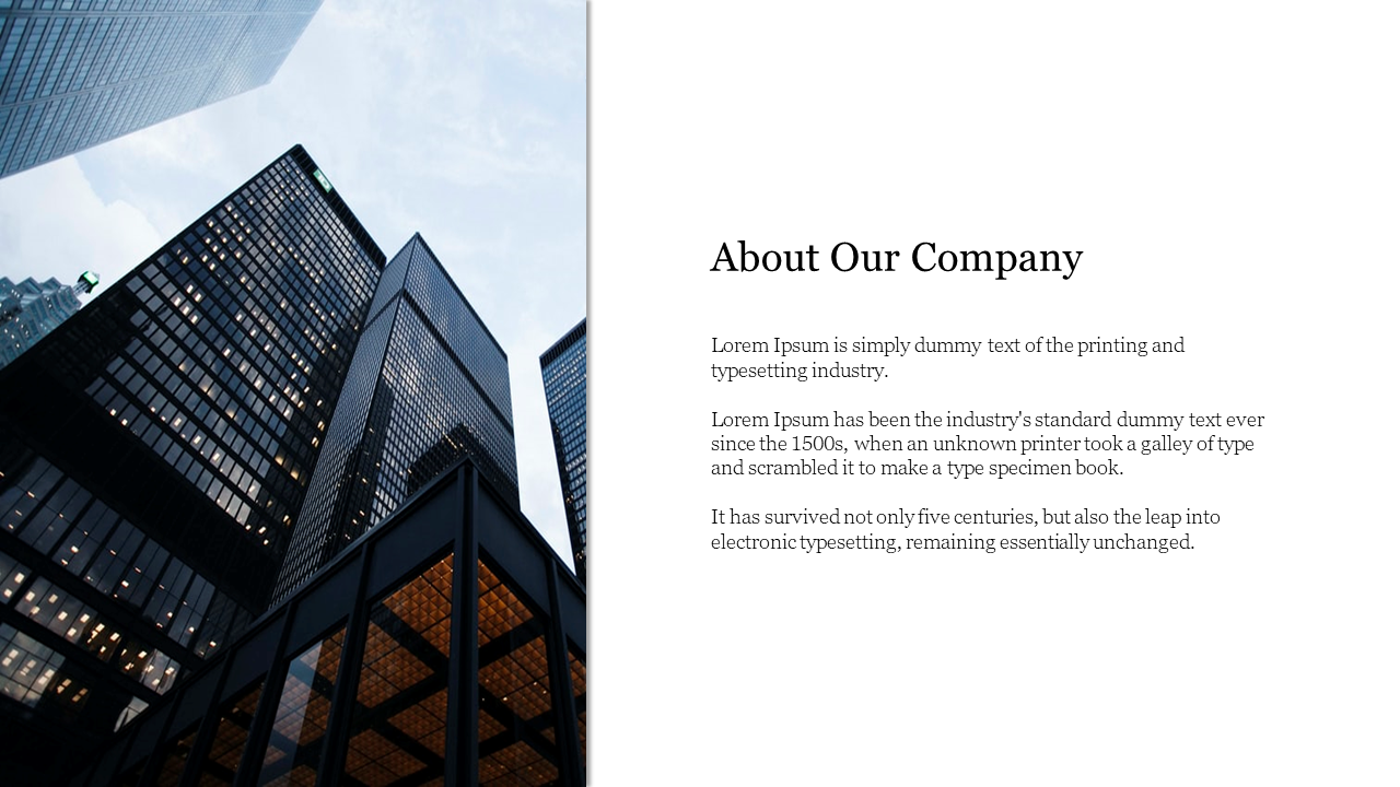 Split slide with photo of tall office buildings on the left and black text on white background to the right.