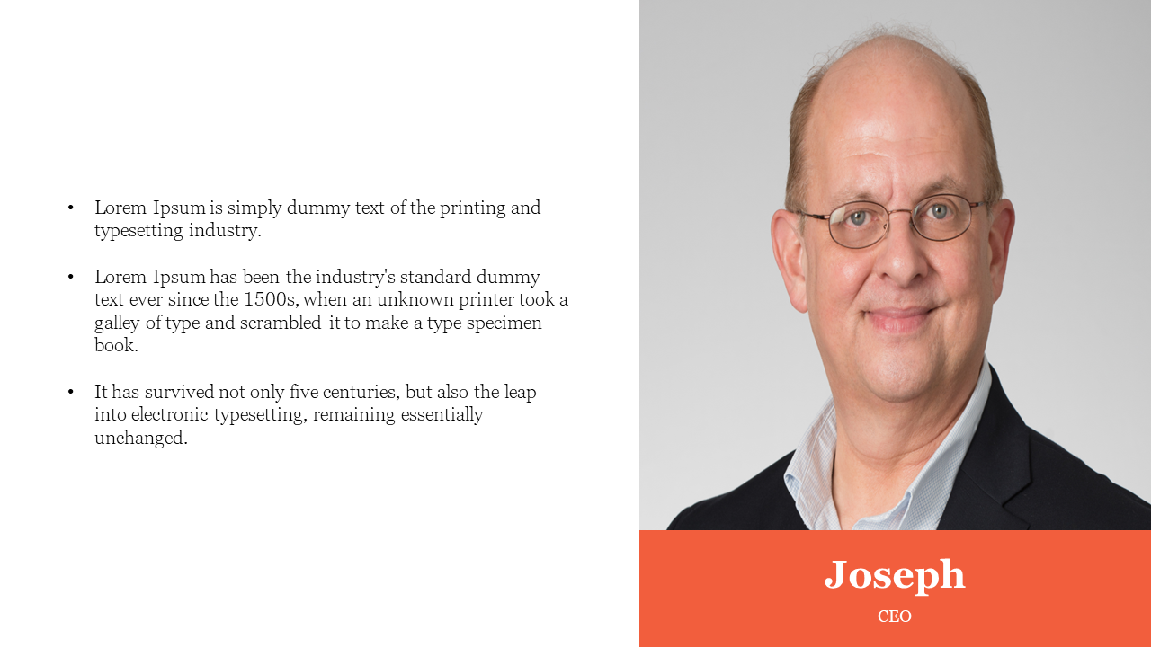 Split layout with bullet points on left white area and a headshot on right with an orange bar showing name and role.