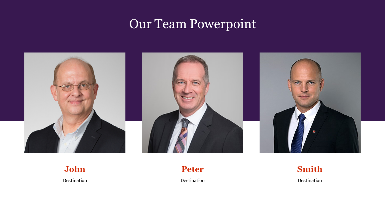 Three portrait photos in a row on a purple and white background, each with a name and role below.