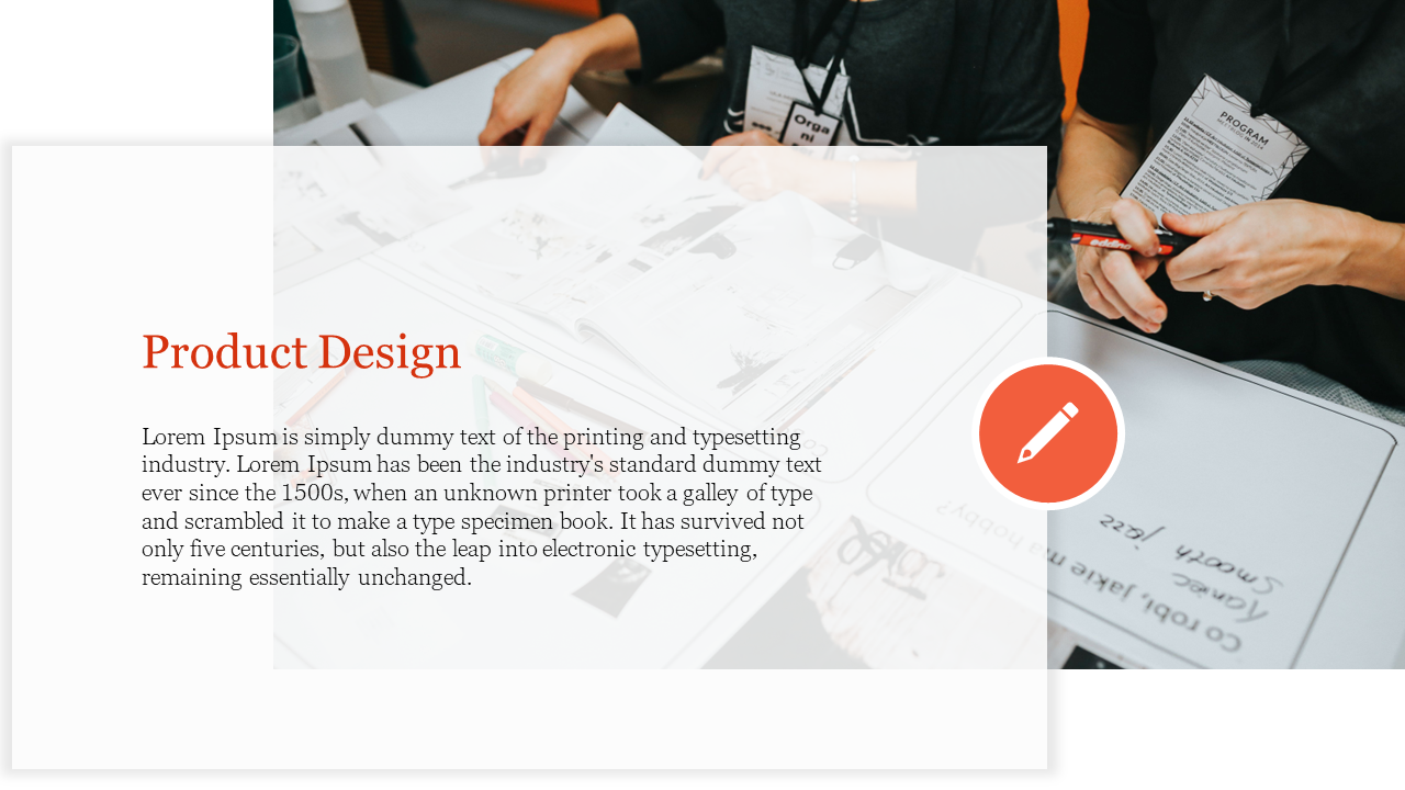 Slide with transparent text box over a photo of hands analyzing documents, and an orange circle icon on right.