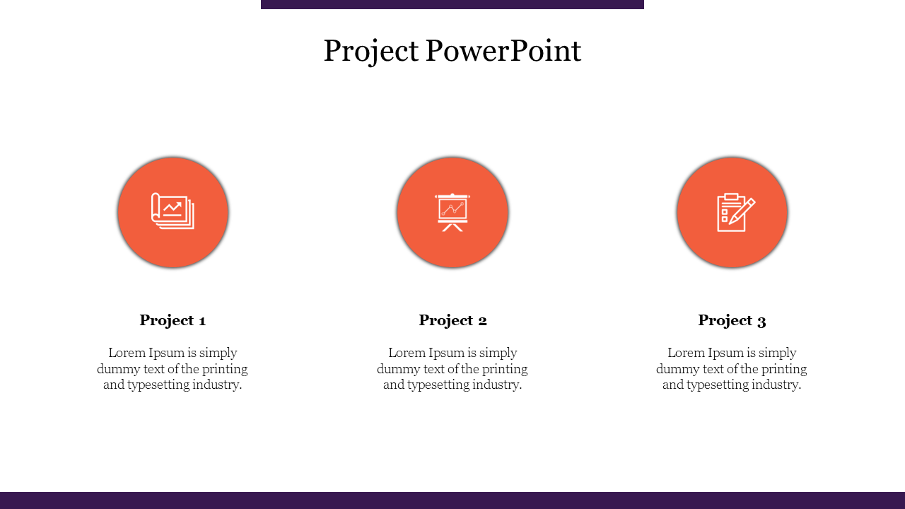 Three orange circles with icons in a row over white background, each with project titles and text below.