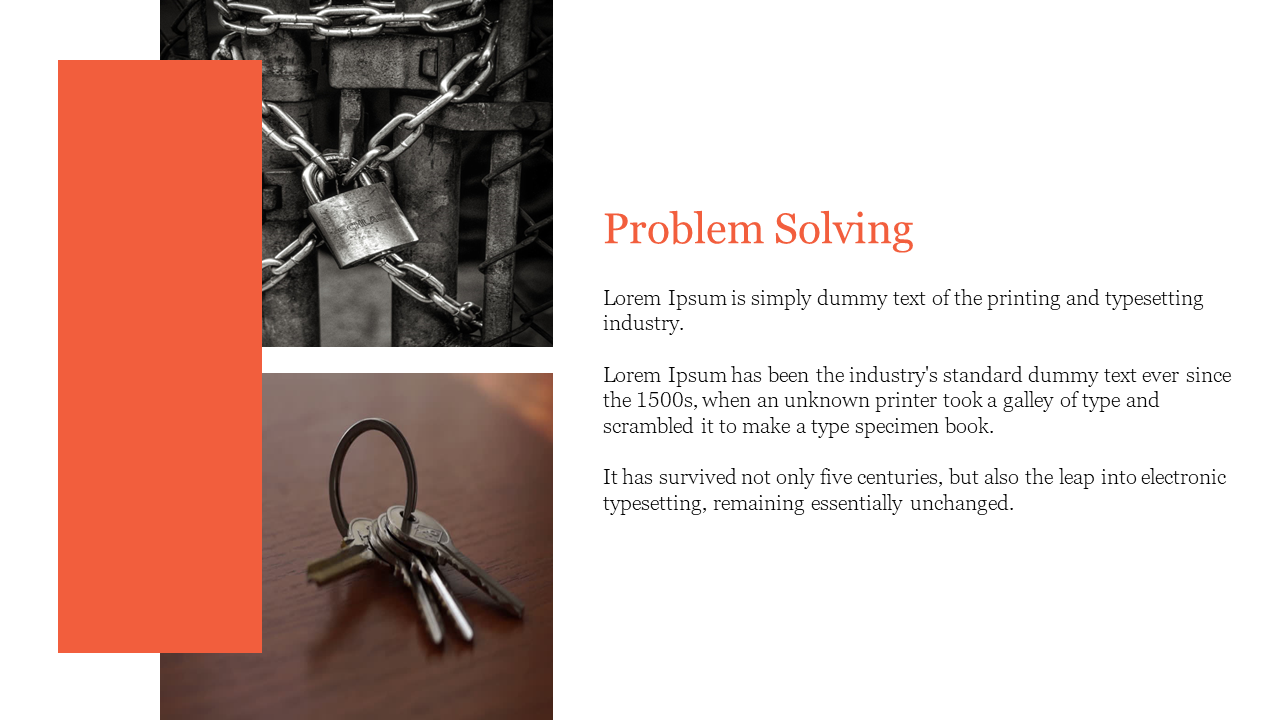 Orange vertical shape between grayscale lock and key photo, and clean white text space on the right side.