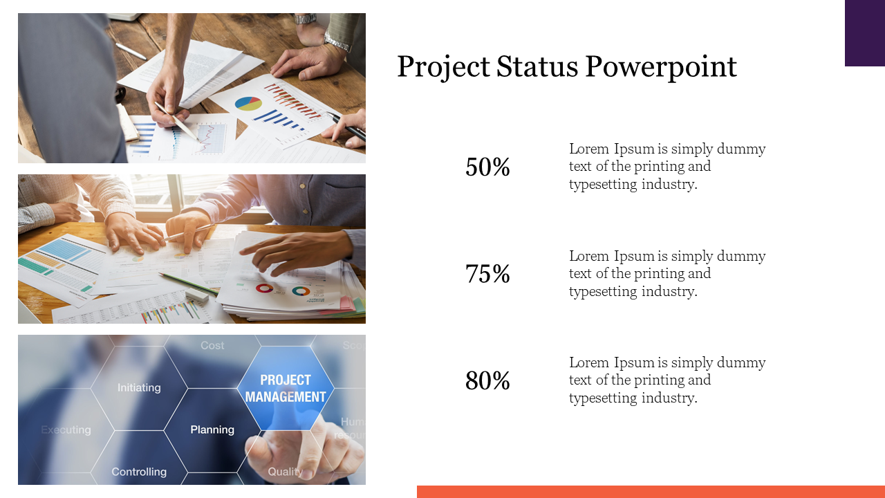 Slide featuring two business meeting images and a project management hexagonal diagram, and three progress percentages.