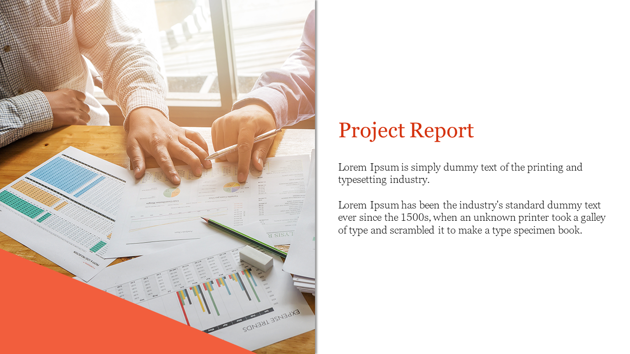 Split slide featuring a photo of hands analyzing business charts with orange curve, paired with text on a white background.